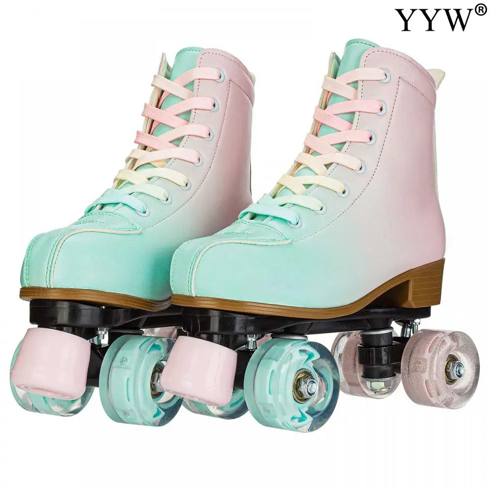 2024 PU Leather Flashing 4 Wheels Roller Skates For Women Double Row Skate Shoes Beginner Quad Sneaker Skating Ice Rink Training