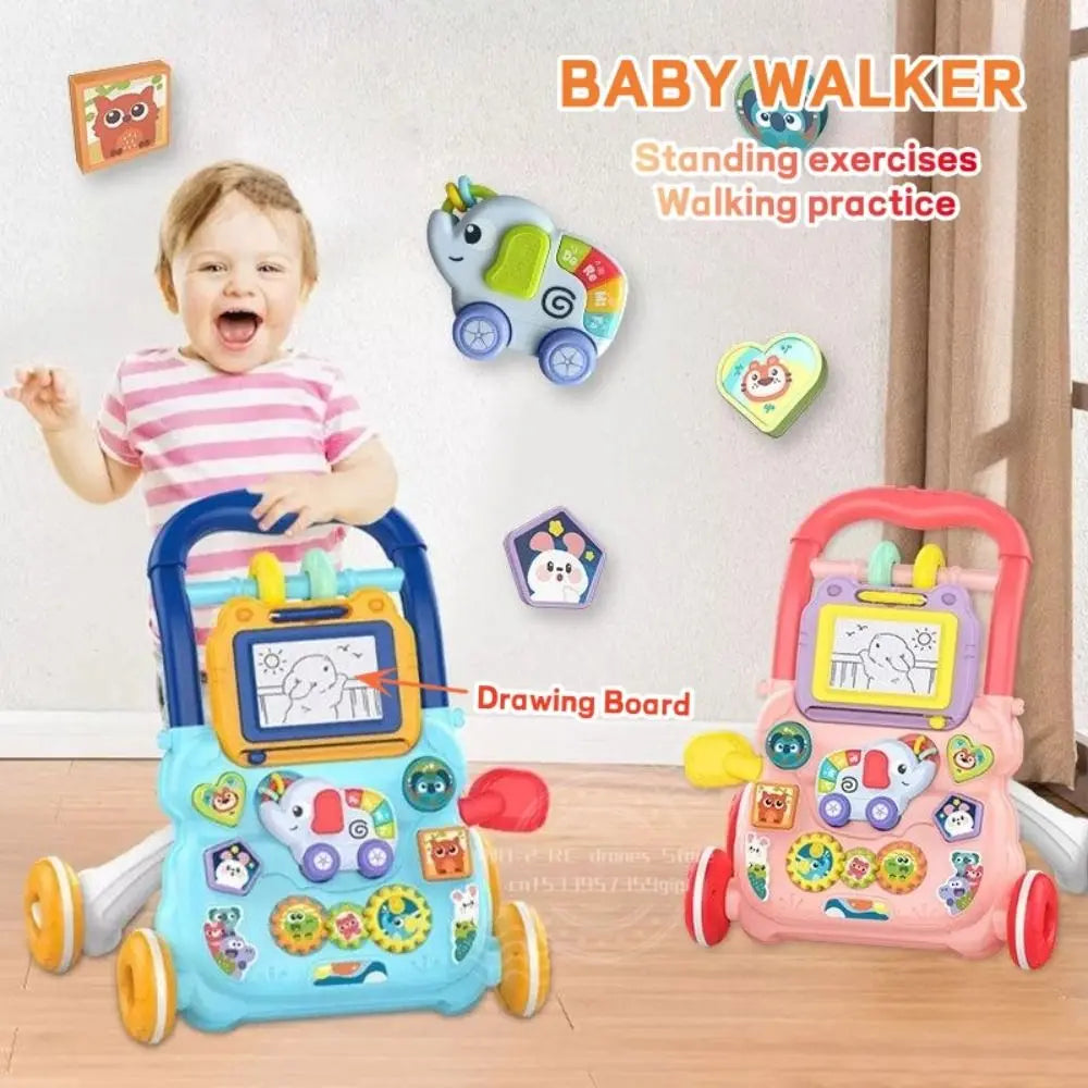 New Music Baby Walker with Drawing Board Standing Toddler Trolley Walking Practice AntiRollover Baby Stroller Toy Infant