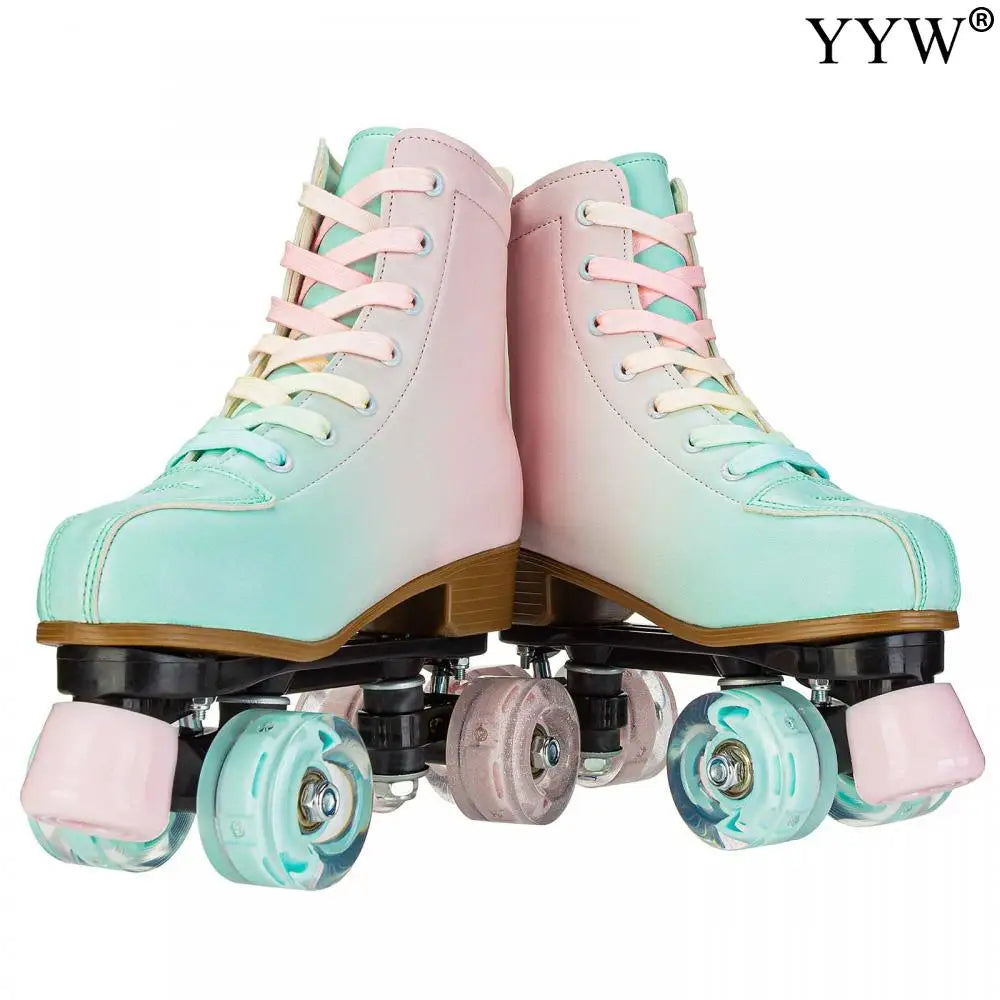 2024 PU Leather Flashing 4 Wheels Roller Skates For Women Double Row Skate Shoes Beginner Quad Sneaker Skating Ice Rink Training