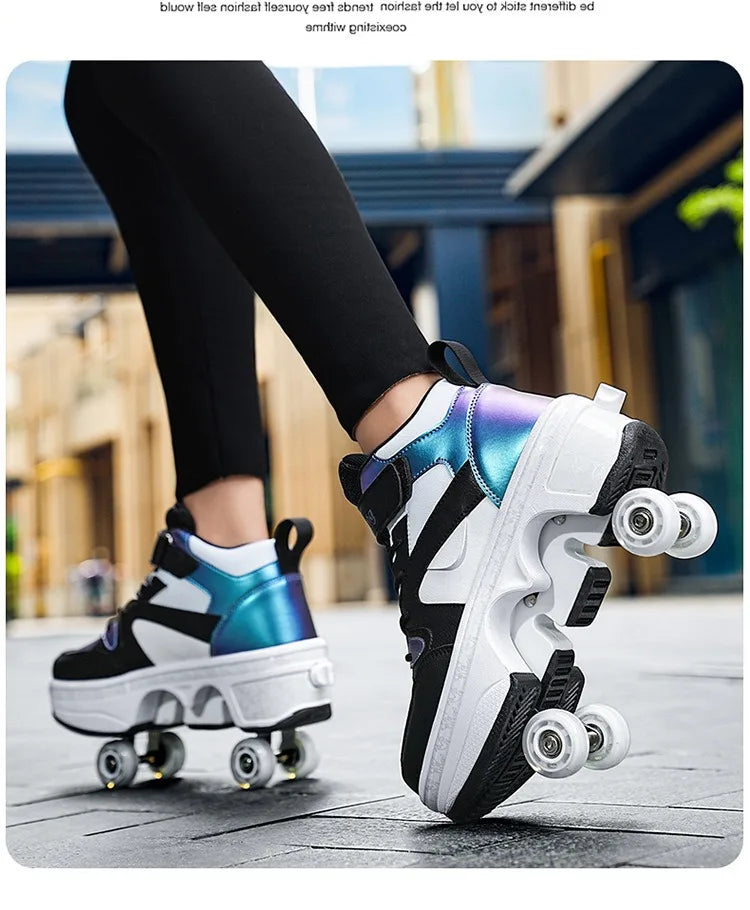 Women's High Top 4 Wheel Roller Shoes Fashionable Unisex Automatic Pop-up Sneakers With Wheels Dual-purpose Skating Casual Shoes