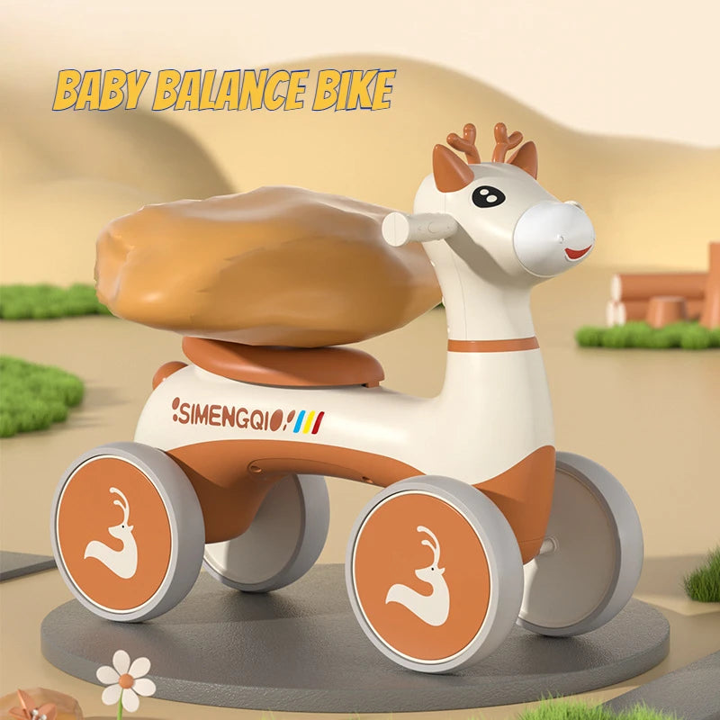 Four Wheels Children Balance Bike with Music Lights Infant Baby Walker Toddler First Bicycle Ride on Toy Gifts for Kids Aged 1-3