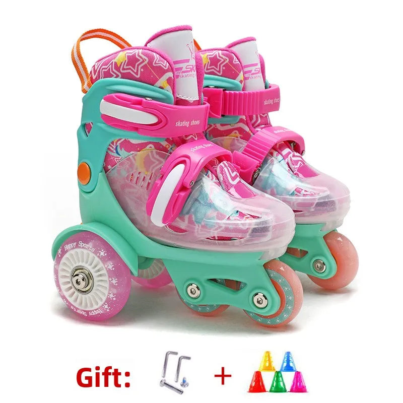 Flash Double Row Roller Skates Shoes Children's Speed Ice Skates Beginner 4-wheel Roller Skates Adjustable Size Rollers for Kids