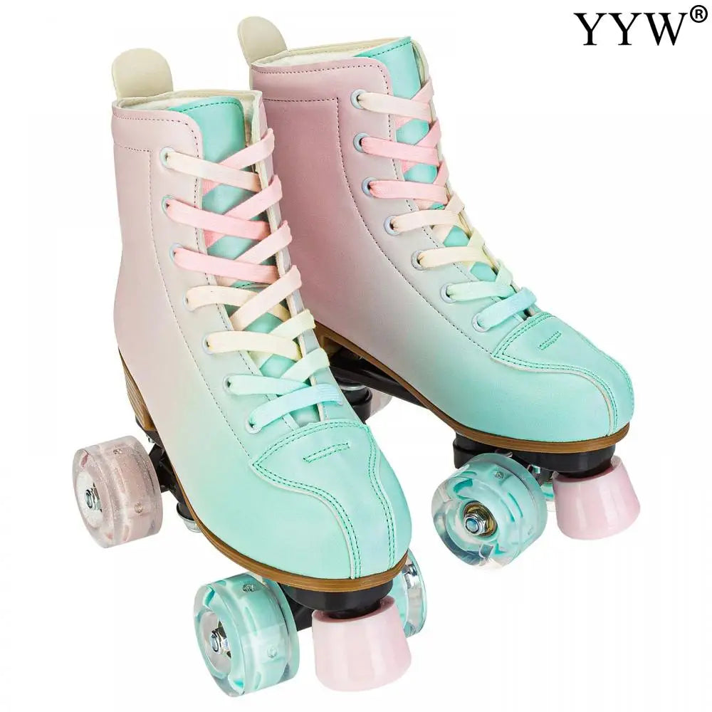 2024 PU Leather Flashing 4 Wheels Roller Skates For Women Double Row Skate Shoes Beginner Quad Sneaker Skating Ice Rink Training