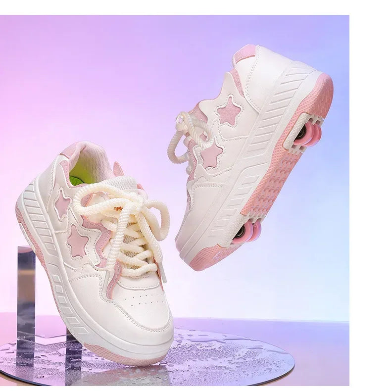 Removable Pulley Skate Skating Roller Skate Shoes for Boys Girls Upgraded Speed Sneakers with 4-Wheels for Kids Racing Skates