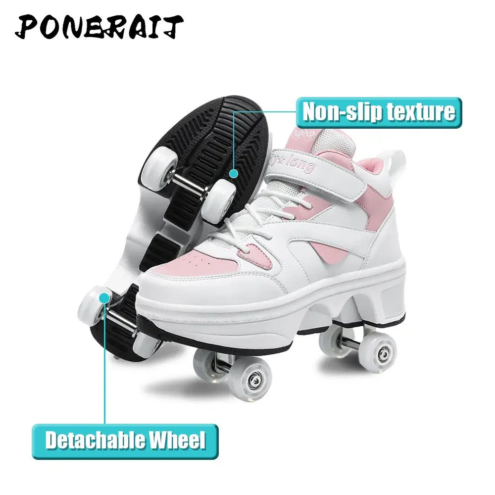 Women's High Top 4 Wheel Roller Shoes Fashionable Unisex Automatic Pop-up Sneakers With Wheels Dual-purpose Skating Casual Shoes