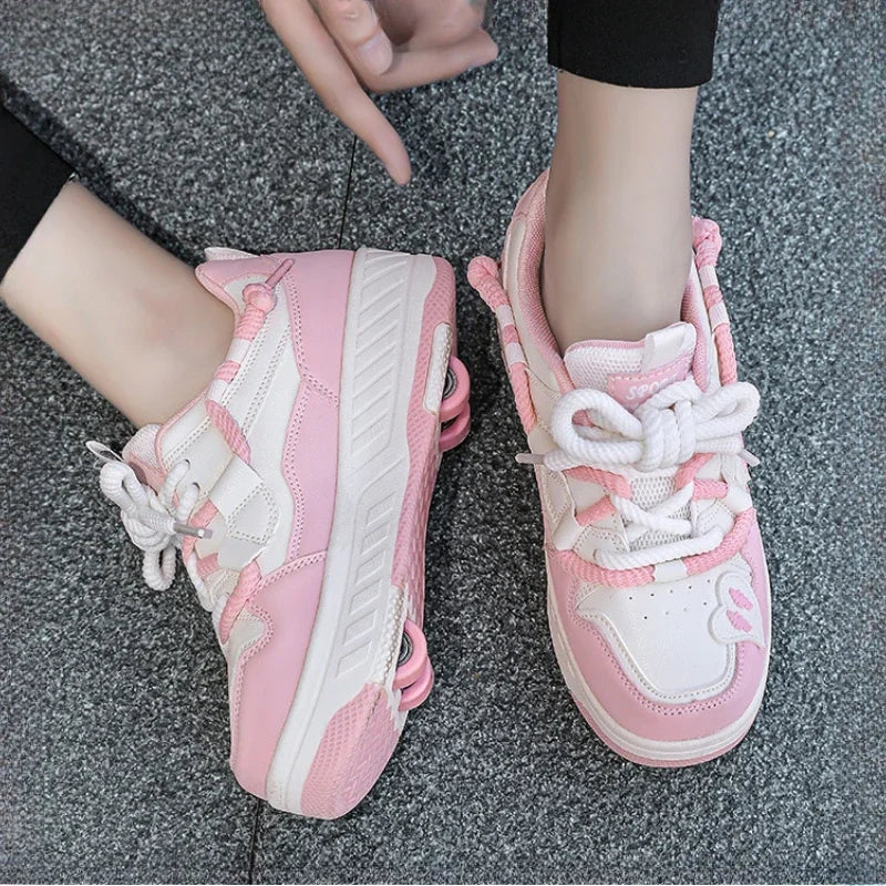 4 Wheels Roller Skate Shoes for Boys Girls Sneakers with Detachable Wheels Sport Shoe for Kids Removable Pulley Skate Skating