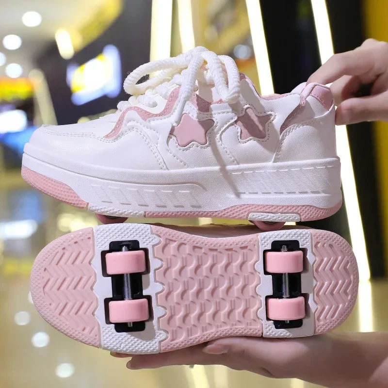 Removable Pulley Skate Skating Roller Skate Shoes for Boys Girls Upgraded Speed Sneakers with 4-Wheels for Kids Racing Skates