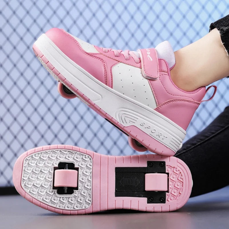 Magic Roller Skates Dual Wheel Slip-on Roller Skating Shoes 2024 New Spring Autumn Leather Surface Sports Shoes For Women Kids