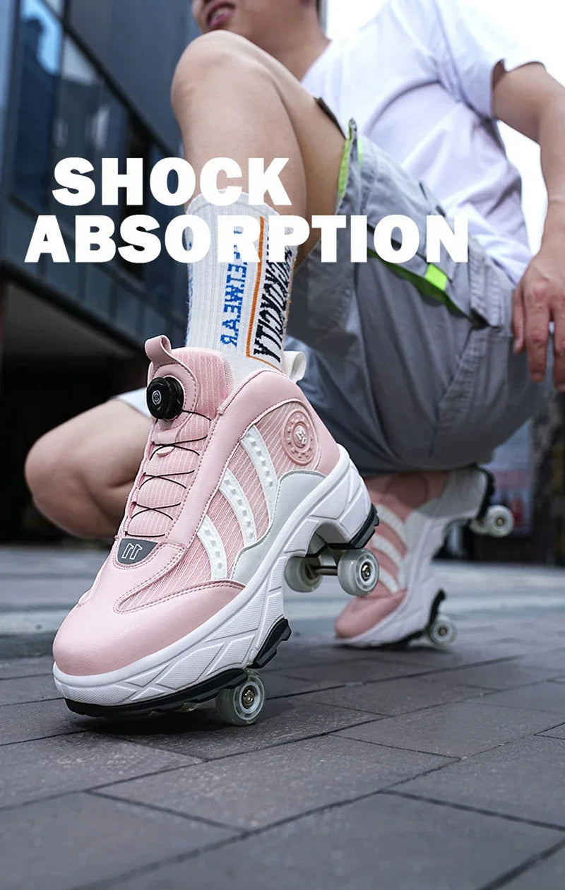Double Row 4-Wheel Skates Roller Shoes with Wheels Dual-Purpose Racing Roller Sneakers Skateboard Shoes Speed Roller Skate Shoes