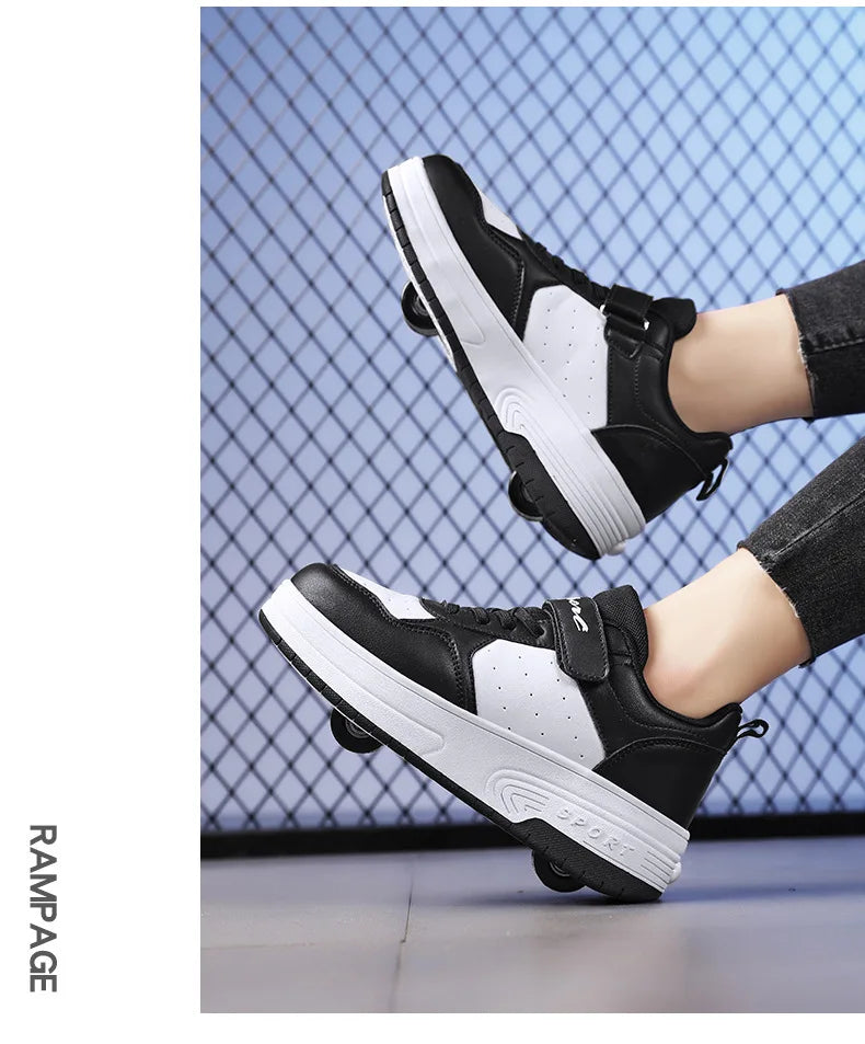 Magic Roller Skates Dual Wheel Slip-on Roller Skating Shoes 2024 New Spring Autumn Leather Surface Sports Shoes For Women Kids