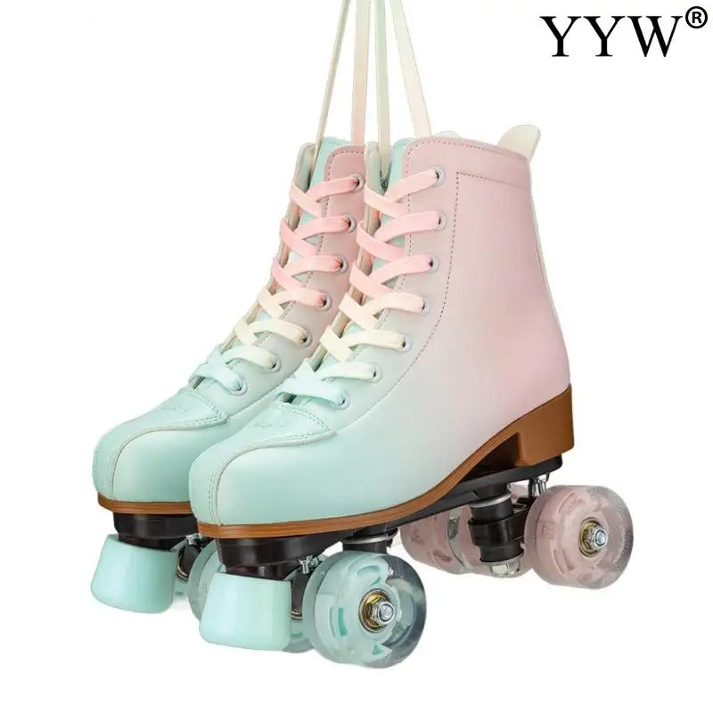 2024 PU Leather Flashing 4 Wheels Roller Skates For Women Double Row Skate Shoes Beginner Quad Sneaker Skating Ice Rink Training