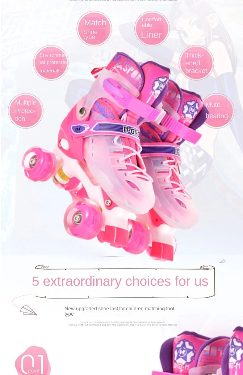 the Skating Shoes Children Beginners Baby Double Row Four-Wheel Boys Girls Roller Kids Skates