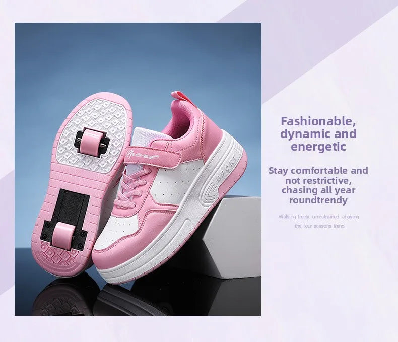 Magic Roller Skates Dual Wheel Slip-on Roller Skating Shoes 2024 New Spring Autumn Leather Surface Sports Shoes For Women Kids