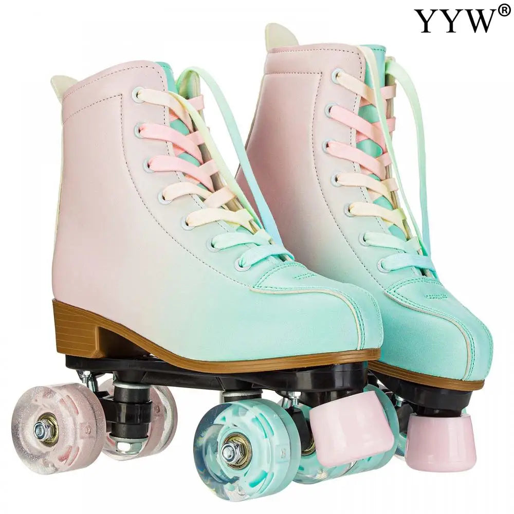 2024 PU Leather Flashing 4 Wheels Roller Skates For Women Double Row Skate Shoes Beginner Quad Sneaker Skating Ice Rink Training