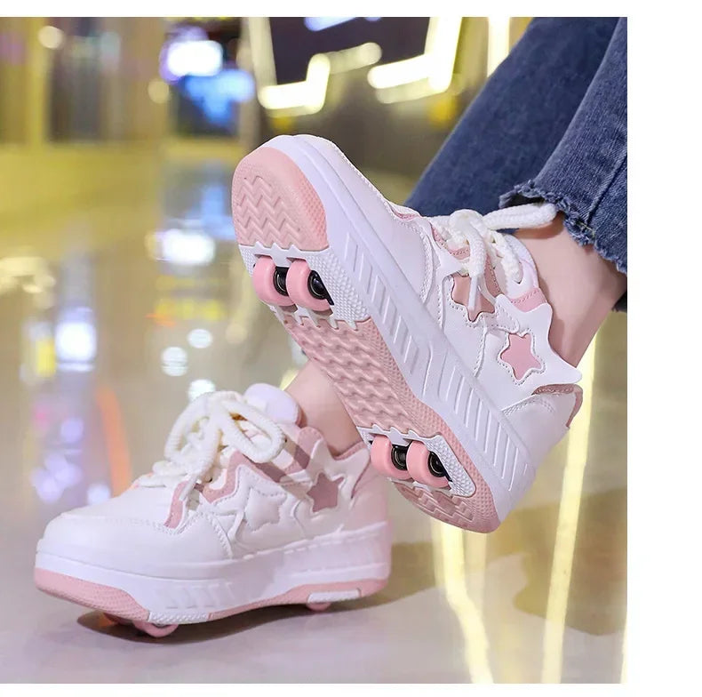 Removable Pulley Skate Skating Roller Skate Shoes for Boys Girls Upgraded Speed Sneakers with 4-Wheels for Kids Racing Skates