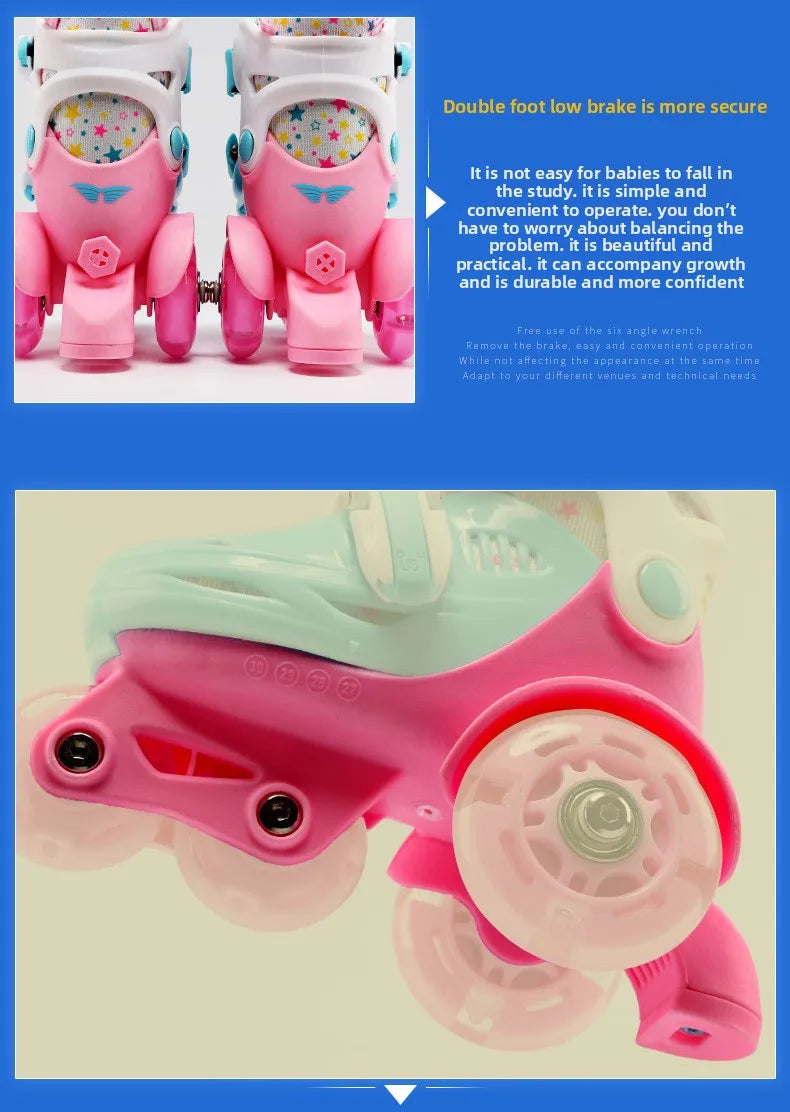 Flash Double Row Roller Skates Shoes Children's Speed Ice Skates Beginner 4-wheel Roller Skates Adjustable Size Rollers for Kids