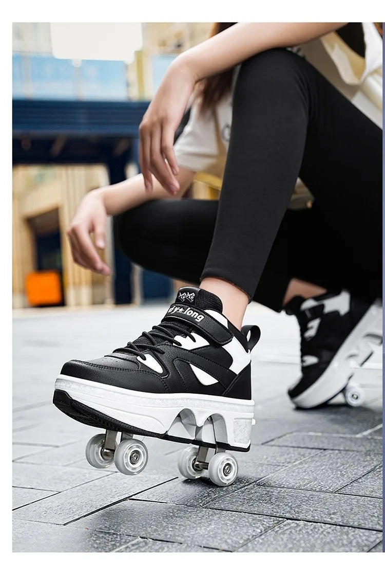 Women's High Top 4 Wheel Roller Shoes Fashionable Unisex Automatic Pop-up Sneakers With Wheels Dual-purpose Skating Casual Shoes