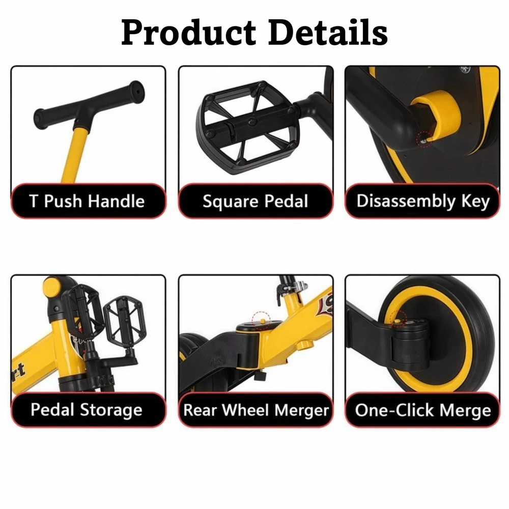 4 in 1 Mode Baby Tricycle Sturdy Detachable Kids Bicycle with Push Handle Multifunctional Toddler Balance Bike For 1-4 Years Old