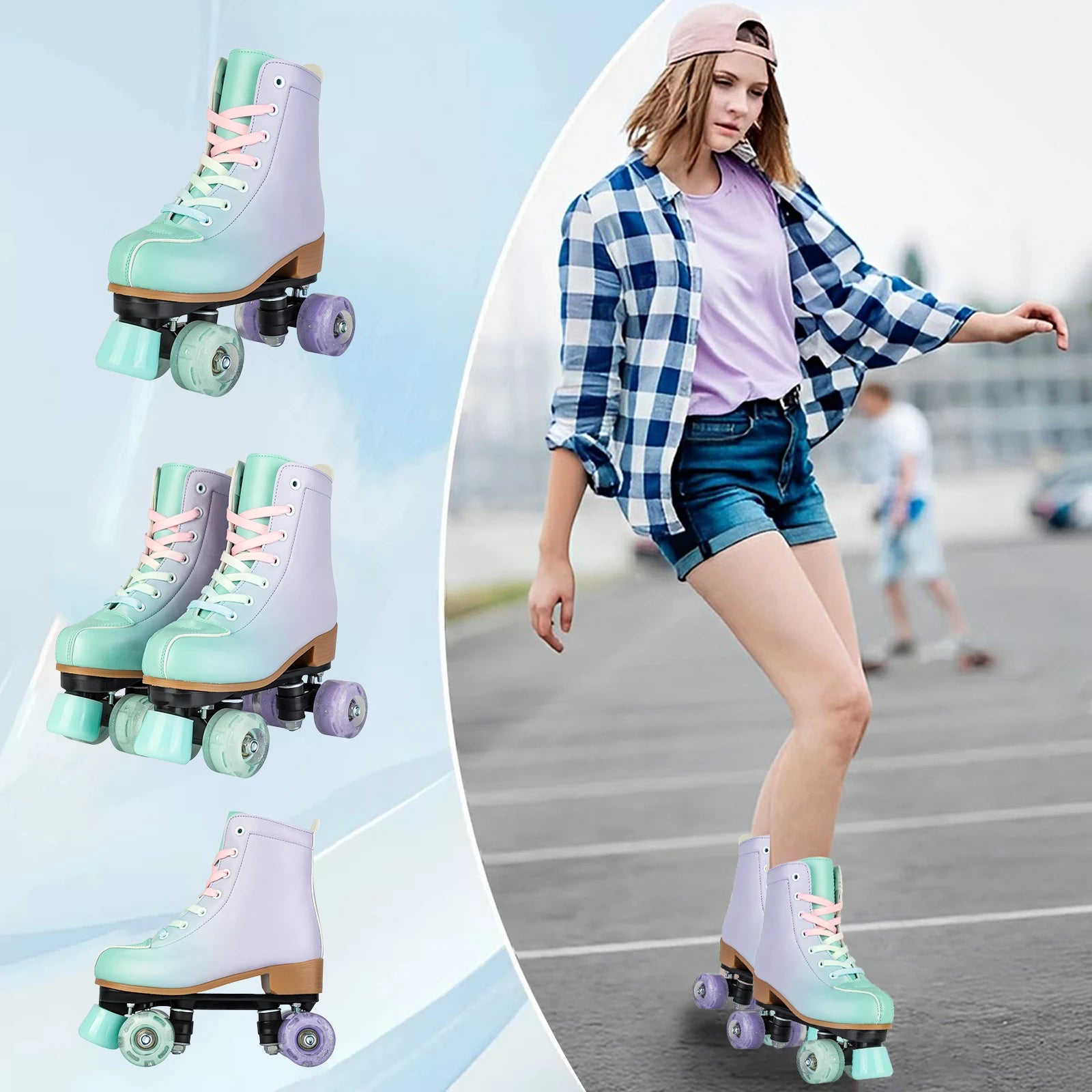 size 32 -41 Leather Double Row Roller Skates Inline Skate Shoes 4 Wheels Sneakers Women Men Adults Outdoor Sports Ice Skating
