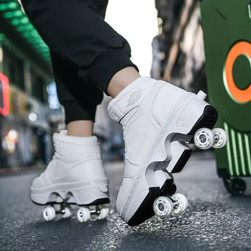 Double Row 4-Wheel Skates Roller Shoes with Wheels Dual-Purpose Racing Roller Sneakers Skateboard Shoes Speed Roller Skate Shoes