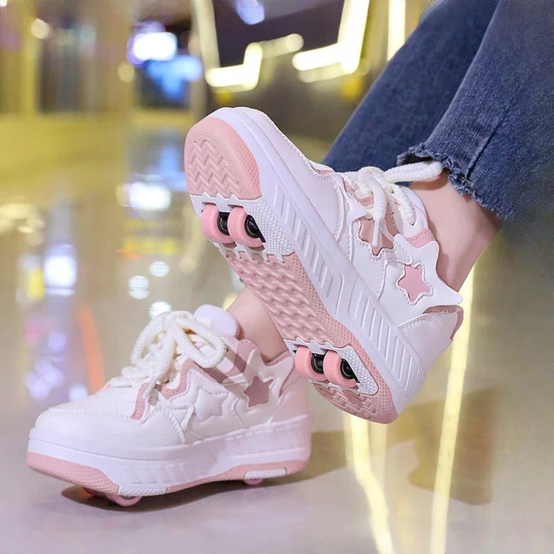 Removable Pulley Skate Skating Roller Skate Shoes for Boys Girls Upgraded Speed Sneakers with 4-Wheels for Kids Racing Skates