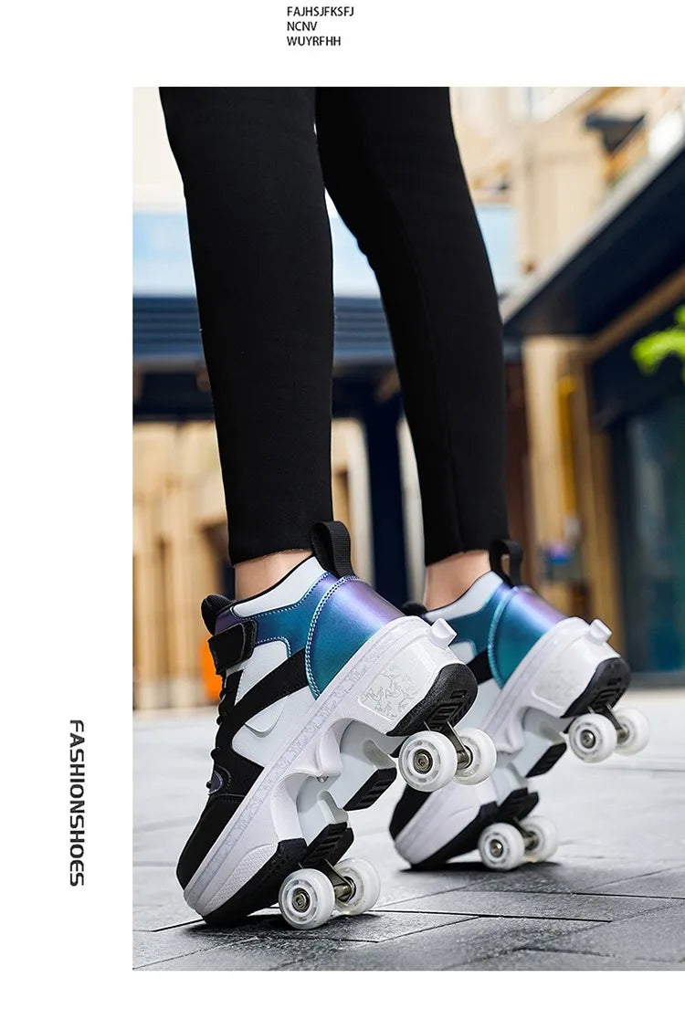 Women's High Top 4 Wheel Roller Shoes Fashionable Unisex Automatic Pop-up Sneakers With Wheels Dual-purpose Skating Casual Shoes