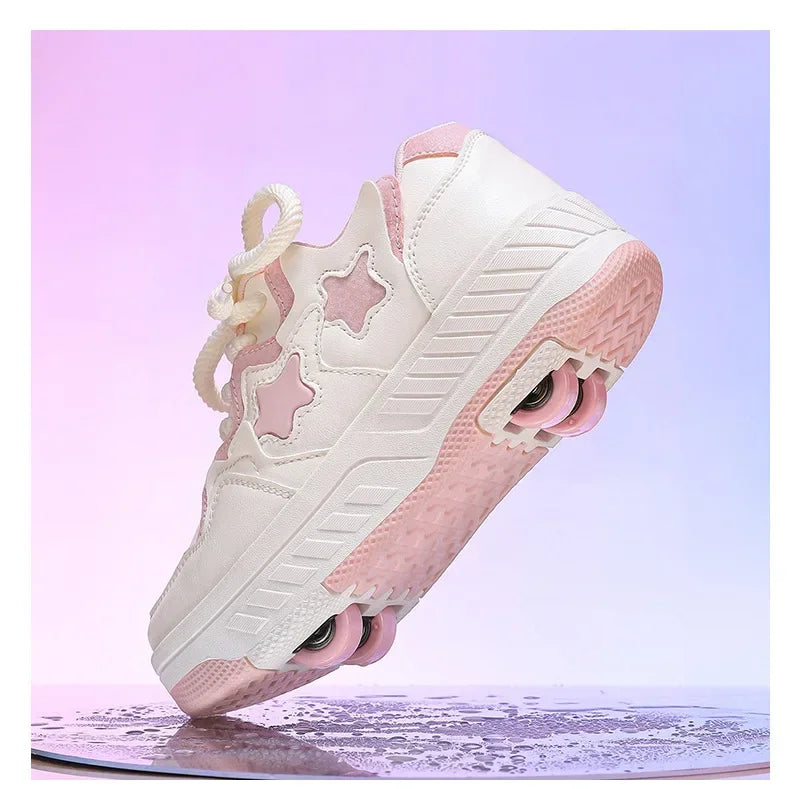 Removable Pulley Skate Skating Roller Skate Shoes for Boys Girls Upgraded Speed Sneakers with 4-Wheels for Kids Racing Skates