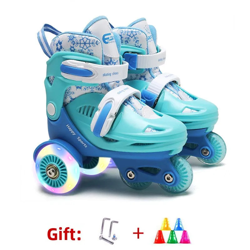 Flash Double Row Roller Skates Shoes Children's Speed Ice Skates Beginner 4-wheel Roller Skates Adjustable Size Rollers for Kids