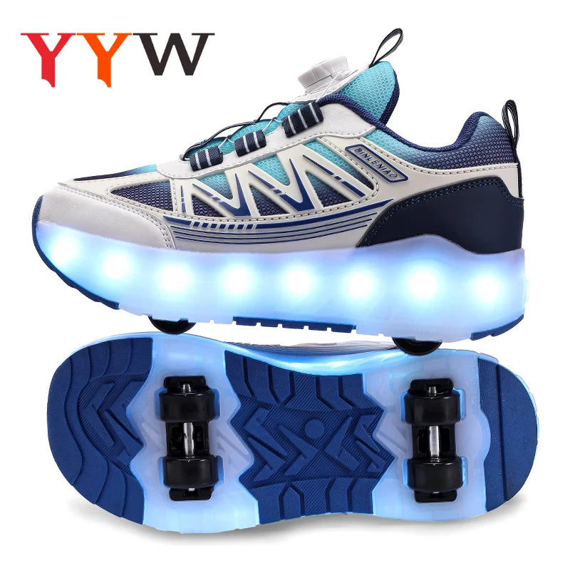 LED Lights Kids Roller Skate Shoes Detachable Boys Girls With 4 Wheels Running Deformation Adults Casual Parkour Skating Shoes