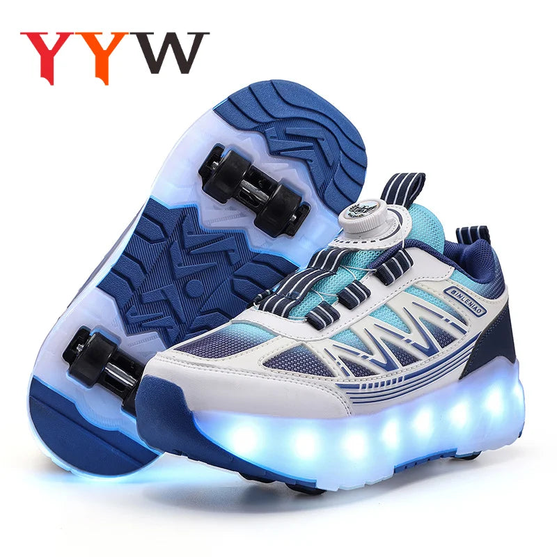LED Lights Kids Roller Skate Shoes Detachable Boys Girls With 4 Wheels Running Deformation Adults Casual Parkour Skating Shoes