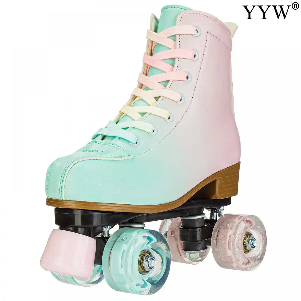 2024 PU Leather Flashing 4 Wheels Roller Skates For Women Double Row Skate Shoes Beginner Quad Sneaker Skating Ice Rink Training