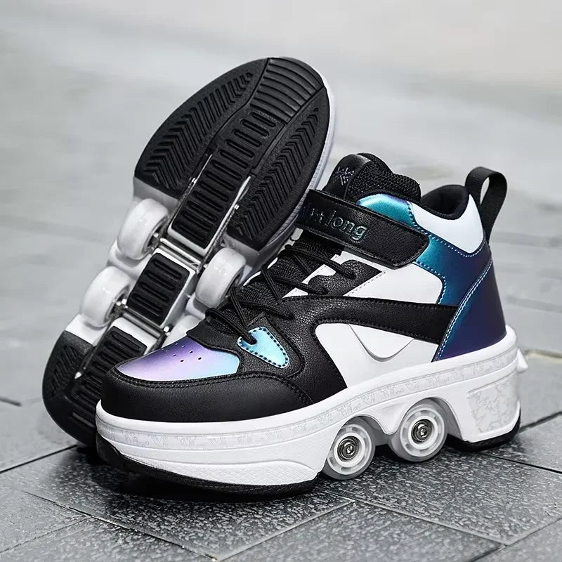 Double Row 4-Wheel Skates Roller Shoes with Wheels Dual-Purpose Racing Roller Sneakers Skateboard Shoes Speed Roller Skate Shoes