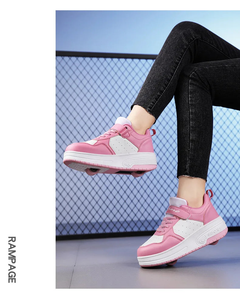 Magic Roller Skates Dual Wheel Slip-on Roller Skating Shoes 2024 New Spring Autumn Leather Surface Sports Shoes For Women Kids