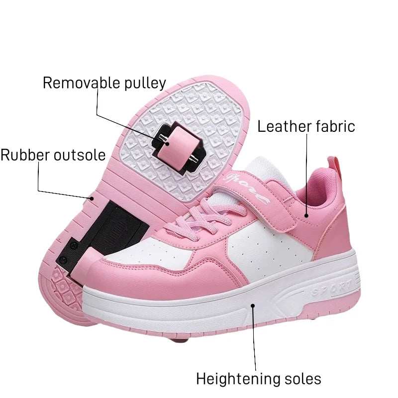 Magic Roller Skates Dual Wheel Slip-on Roller Skating Shoes 2024 New Spring Autumn Leather Surface Sports Shoes For Women Kids