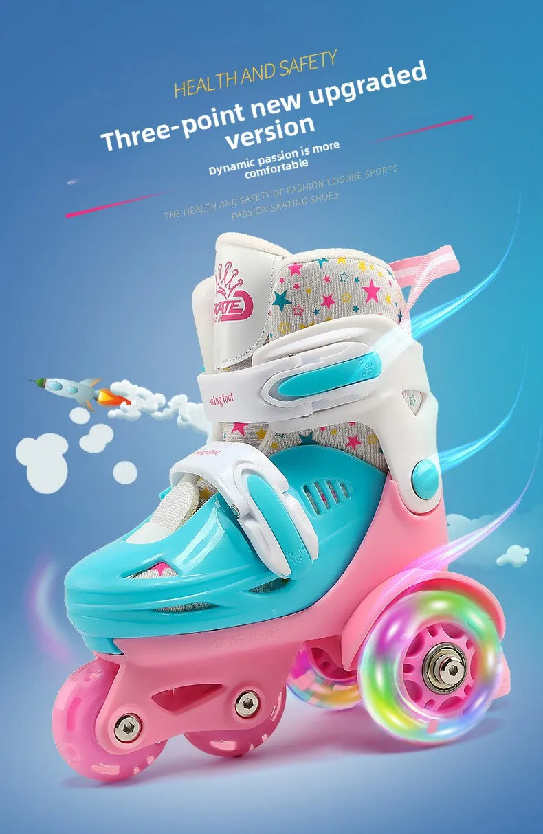 Flash Double Row Roller Skates Shoes Children's Speed Ice Skates Beginner 4-wheel Roller Skates Adjustable Size Rollers for Kids