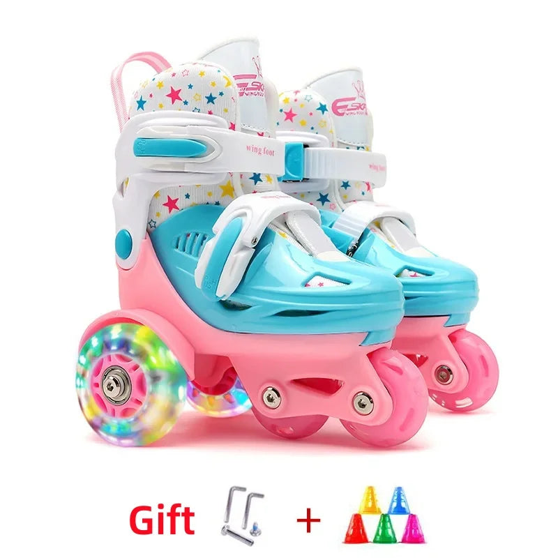 Flash Double Row Roller Skates Shoes Children's Speed Ice Skates Beginner 4-wheel Roller Skates Adjustable Size Rollers for Kids