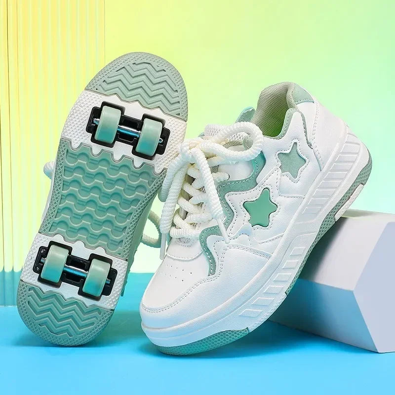 Removable Pulley Skate Skating Roller Skate Shoes for Boys Girls Upgraded Speed Sneakers with 4-Wheels for Kids Racing Skates