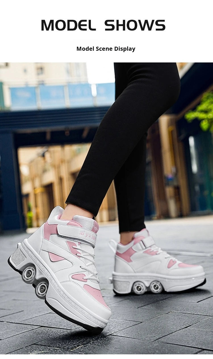 Women's High Top 4 Wheel Roller Shoes Fashionable Unisex Automatic Pop-up Sneakers With Wheels Dual-purpose Skating Casual Shoes
