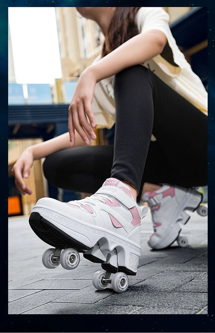 Women's High Top 4 Wheel Roller Shoes Fashionable Unisex Automatic Pop-up Sneakers With Wheels Dual-purpose Skating Casual Shoes