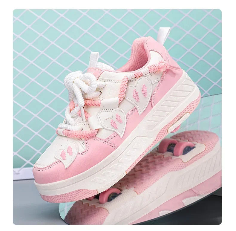 4 Wheels Roller Skate Shoes for Boys Girls Sneakers with Detachable Wheels Sport Shoe for Kids Removable Pulley Skate Skating