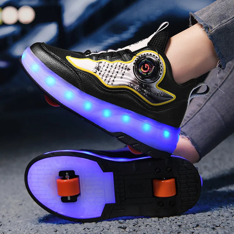 LED Lights Kids Roller Skate Shoes Detachable Boys Girls With 4 Wheels Running Deformation Adults Casual Parkour Skating Shoes