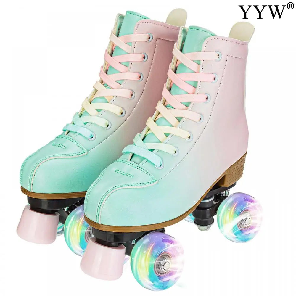 2024 PU Leather Flashing 4 Wheels Roller Skates For Women Double Row Skate Shoes Beginner Quad Sneaker Skating Ice Rink Training