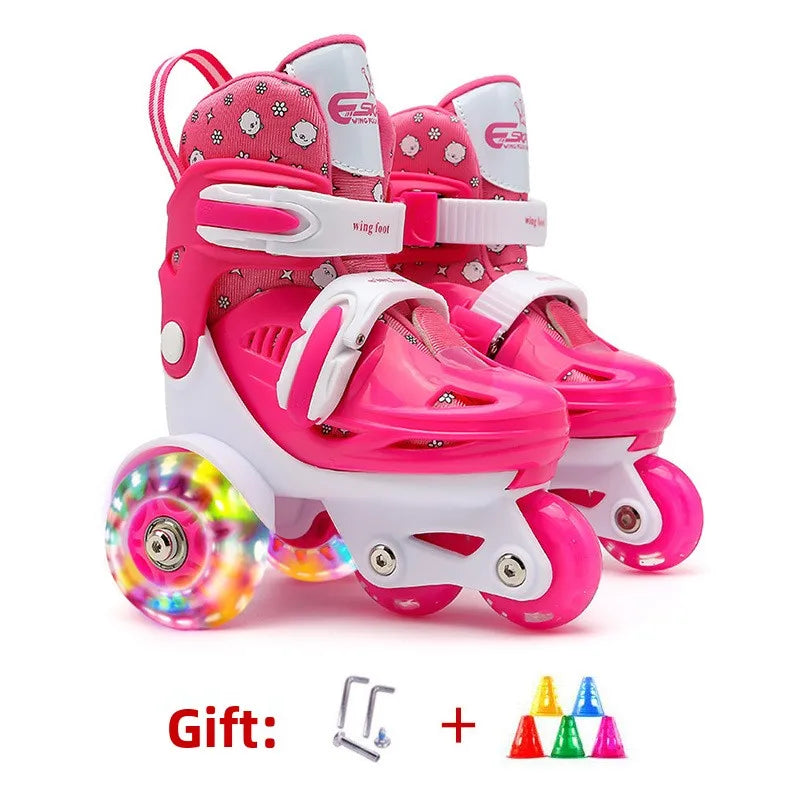 Flash Double Row Roller Skates Shoes Children's Speed Ice Skates Beginner 4-wheel Roller Skates Adjustable Size Rollers for Kids