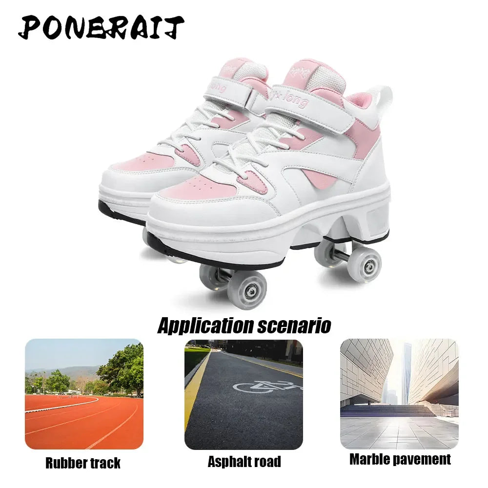 Women's High Top 4 Wheel Roller Shoes Fashionable Unisex Automatic Pop-up Sneakers With Wheels Dual-purpose Skating Casual Shoes