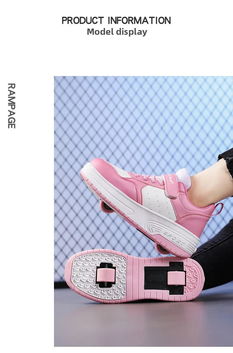 Magic Roller Skates Dual Wheel Slip-on Roller Skating Shoes 2024 New Spring Autumn Leather Surface Sports Shoes For Women Kids