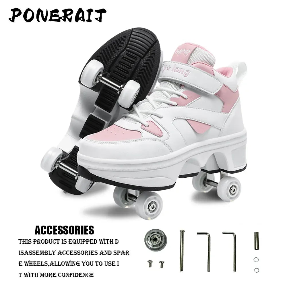 Women's High Top 4 Wheel Roller Shoes Fashionable Unisex Automatic Pop-up Sneakers With Wheels Dual-purpose Skating Casual Shoes