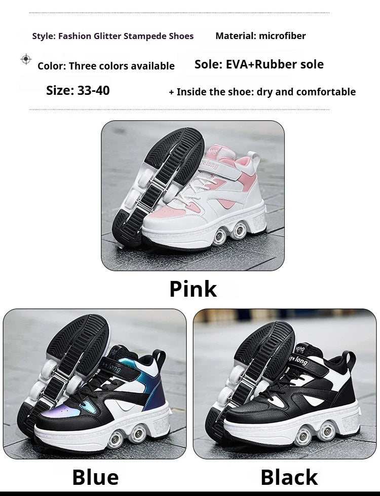 Women's High Top 4 Wheel Roller Shoes Fashionable Unisex Automatic Pop-up Sneakers With Wheels Dual-purpose Skating Casual Shoes