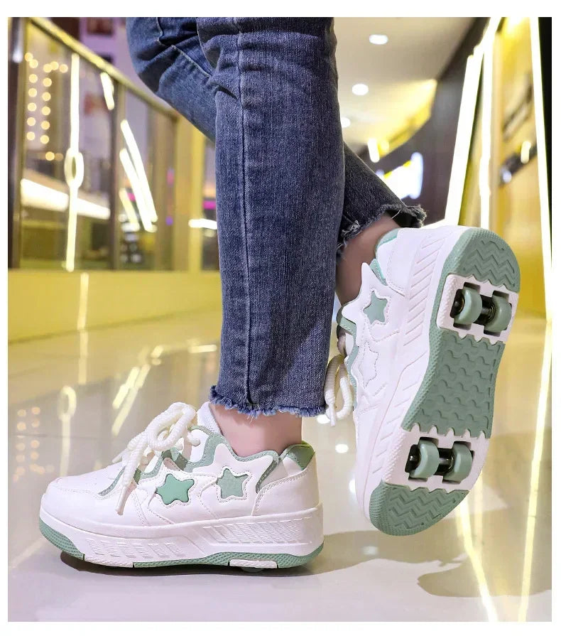 Removable Pulley Skate Skating Roller Skate Shoes for Boys Girls Upgraded Speed Sneakers with 4-Wheels for Kids Racing Skates