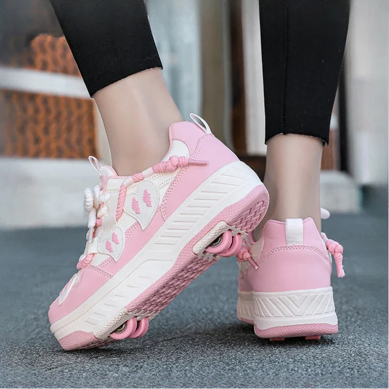 4 Wheels Roller Skate Shoes for Boys Girls Sneakers with Detachable Wheels Sport Shoe for Kids Removable Pulley Skate Skating