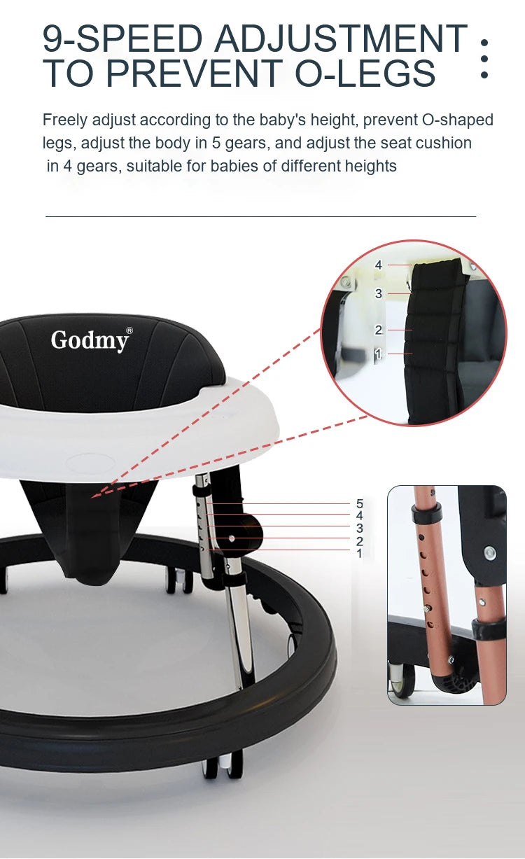 5-18M Baby Walker With Wheels Baby Toddler Foldable Multifunctional Anti-Rolling Anti-O-Leg Walker Height Adjustable Seat